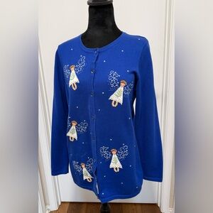 Quacker Factory Knit Cardigan Sweater Blue Embroidered Beaded Angel Size XS